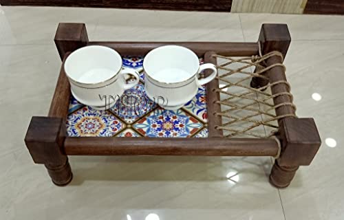 Traditional Decorative Asian Cot Tray for Snacks & Drinks | North Indian Decorative Wooden Cot Decor Accent Breakfast/Tea/Snack/Wooden Decor Tray Used Dining Room Serving Tray Coffee Table Tray