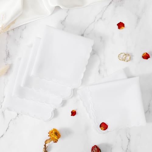 HOULIFE Handkerchiefs for women, Pure White Handkerchief with Scallop Edge