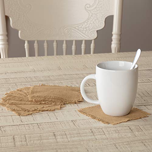 VHC Brands Burlap Solid Color Cotton Farmhouse Tabletop Kitchen Square Coaster Set of 12, Natural Tan
