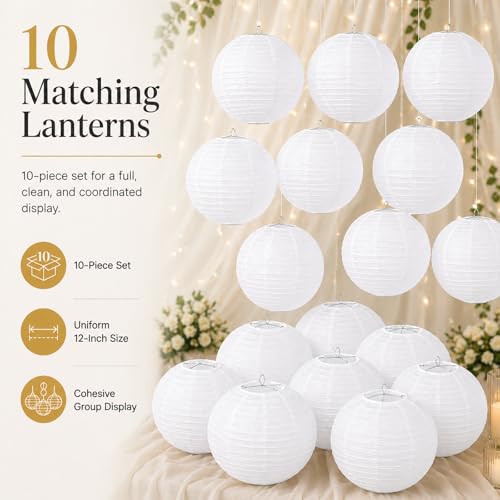 LIHAO 12 Inch White Round Paper Lanterns (10 Pack) - size: 12 inches