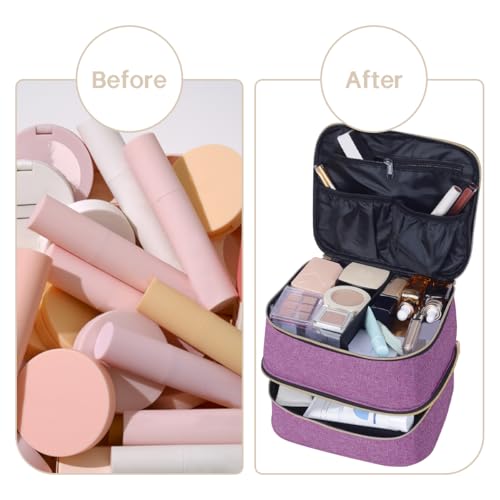 Double Layer Makeup Bag with Adjustable Dividers, Purple - color: Purple