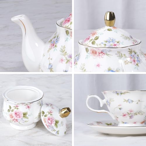 fanquare 21 Piece Vintage Pink Blue Floral Porcelain Tea Set with Gold Trim