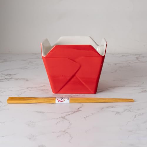 Urban Tokyo Chinese Takeout Box Style Porcelain Bowl With Chopsticks 18 fl oz Square Shape Rice Noodles Pasta To Go Box Shaped Bowl Microwave Dishwasher Safe (Red Dragon) - color: Red Dragon