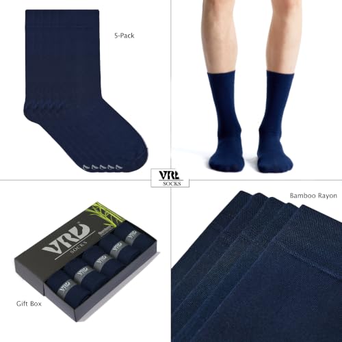 VRD Men's Dress Socks Bamboo Rayon, 5-Pack Crew Socks, Multiple Colors and Designs, Shoe Size 8-13, Gift Box - color: 11: Blue Navy, 5-pack Solid