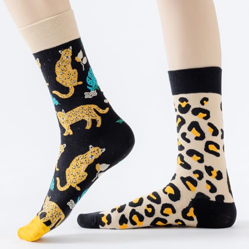 2 Pairs Cartoon Animal Crew Socks Fun Cotton Mid Calf Socks for Women - color: Leopard
