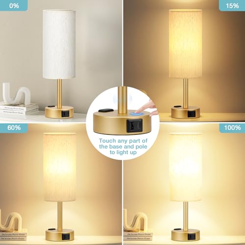 Fenmzee Gold Bedside Lamp for Bedroom, Dimmable Touch, USB A+C, AC Outlet - color: Cream - Gold, size: 14"