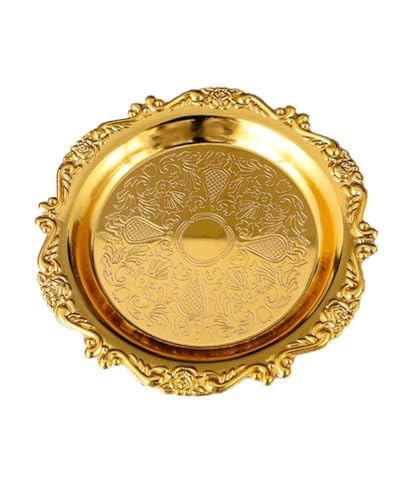 Round Decorative Tray 9.8in Metal Dessert Plates Vintage Coffee Table Tray for Snacks Fruit Gold - color: Gold, size: 9.8"