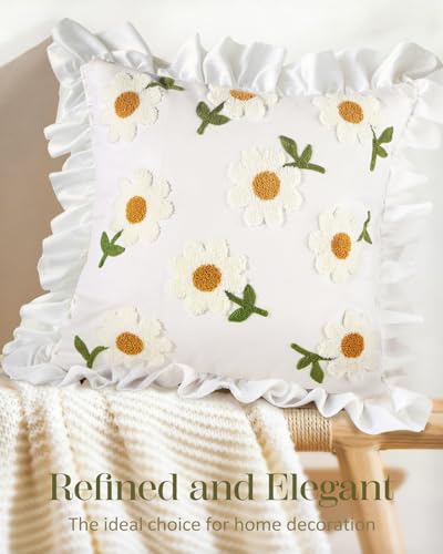 Embroidered Throw Pillow Cover, 18x18 Inch, Ruffle Daisy - color: Ruffle-daisy, size: 18" x 18" (Pack of 1)