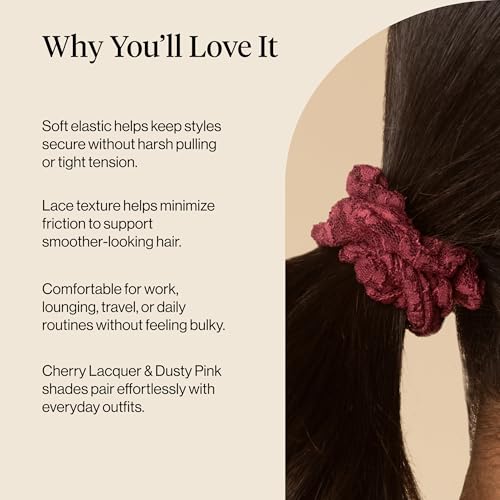 Kitsch Ruched Lace Hair Scrunchies For Women – Cherry Lacquer & Dusty Pink - color: Cherry Lacquer & Dusty Pink