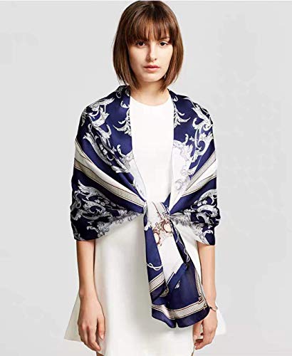 ANDANTINO 100% Silk Long Scarf-Women Large Oblong Shawls with Gift Packed - color: Navy&white -Phoenix Tail Fern
