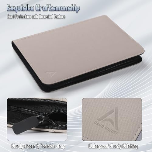 9 Pocket Card Binder - 540 Capacity with Zip Closure Premium, Double-Sided,Sturdy & Sleek PU Leather Protector for MTG, TCG, Sport & Collectible Cards (Beige) - color: white