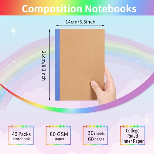 EOOUT 40 Pack A5 Kraft Notebooks Bulk, Lined Journals Bulk Colors with Rainbow Spine, 60 Pages for Kids Writing, Travel, Students - color: Rainbow, style: Lined-40pack