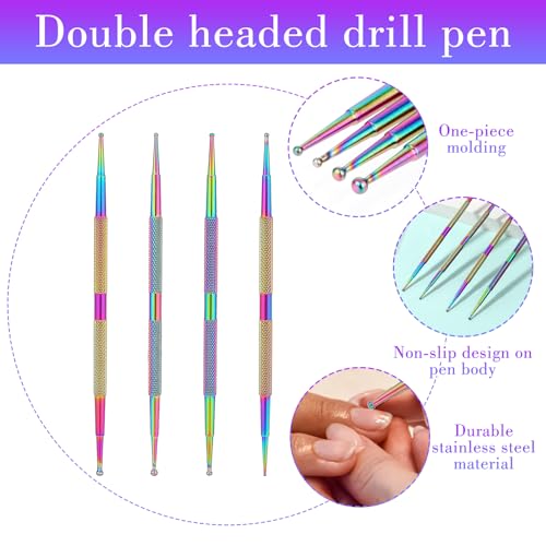 Jeffdad Nail Dotting Tool, 4 Pcs Professional Double-ended Nail Art Tools with Box, Dot Pen Metal Dot pen Nail Polish Paint Pen Dot Diamond Pattern Stainless Steel Dotting Tools Nail art(color) - color: color