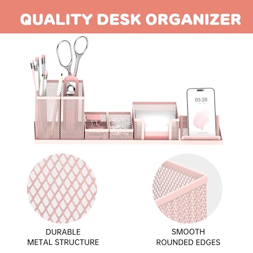 Pen Holder for Desk, 6-Piece Mesh Desk Organizer with Phone Holder, Pink - color: Pink