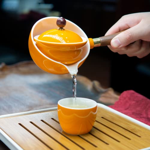 LURRIER Porcelain Chinese Gongfu Tea Set,Portable Teapot Set with 360 Rotation Tea maker and Infuser,Portable All in One Gift Bag for Travel,Home,Gifting,Outdoor and Office(Orange) - color: Orange