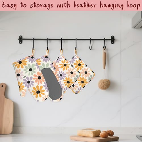 Abstract Retro Groovy Daisy Flower Heat-Resistant Silicone Oven Mitts and Pot Holder 4 Piece Set,Non-Slip Kitchen Oven Gloves for Baking, BBQ, Cooking,Grilling - color: Abstract Retro Groovy Daisy Flower