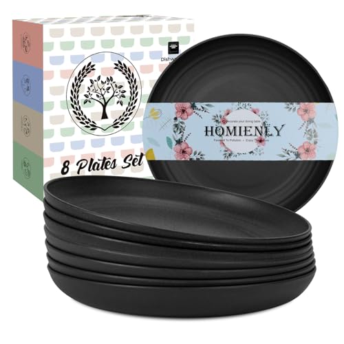 Homienly Wheat Straw Plates Set - 11 inch Reusable Large Dinner Plates Set of 8, Lightweight Unbreakable Salad Plates, Microwave and Dishwasher Safe Plates, Deep Plates for Dinner, Camping - Black - color: Black, size: 11 Inch