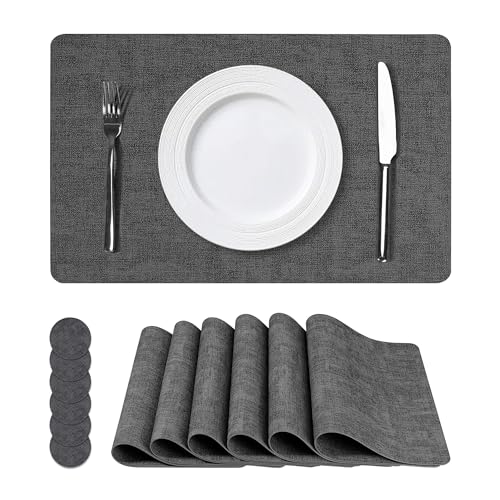 NCUE Vinyl Placemats Set of 6, 17"x12" Wipeable Place Mats with Coasters - color: Black, size: Set of 6
