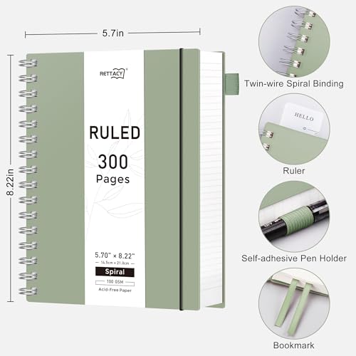 RETTACY Spiral College Ruled Notebook, 300 Pages, A5 Size (5.7" x 8.2") - color: Light Green, size: 5.7" x 8.2"