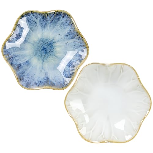2Pcs Ceramic Jewelry Dish - Lotus Leaf Shape, for Ring Holder Necklace Small Key, Suitable for Mother Friend Sister, Gifts for Women, Cute Plate Trinket Tray, Home Decor (Light Blue & White) - color: Light Blue & White