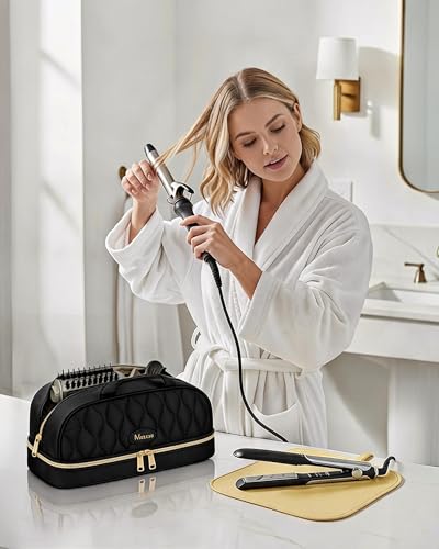Mancro Carrying Case for Shark FlexStyle, Quilted Hair Tools Travel Bag | with Heat-Resistant Mat, Travel Case for Dyson Airwrap & Shark FlexFusion, Hair Dryer Organizer for Women, Black - color: Gold Black, size: Standard