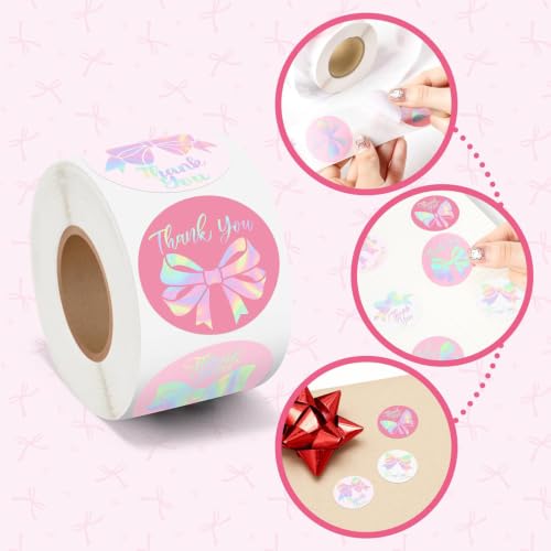 Holographic Bow Thank You Roll Stickers Pink Round for Gift Wrapping - style: Pink Bow