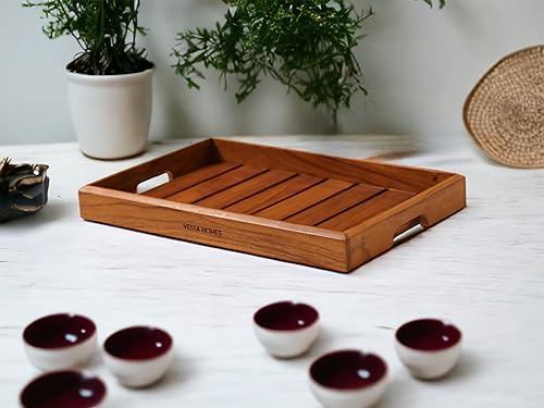 Vesta Homes Large Teak Wood Serving Tray for Home, Kitchen, Breakfast, Restaurant, Office Organizer, Dining Table | Premium Wooden Tray |15 * 10 * 1.5 Inches | Handmade in India - size: 15" x 10" x 1.5"