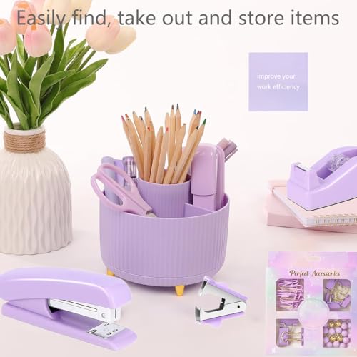 Office Supplies,School Supplies,Purple Desk Accessories,Desk Organizer,Scissors,Stapler,Tape Dispenser,Binder Clips,Staples,Staple Remover,Sticky Notes,Clear Tape,Pen,Ruler,Best Gift,11pcs - color: 11 Pcs Set Purple, size: 11 pcs set