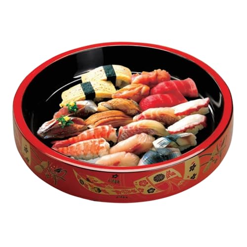Red with Traditional Art Sushi Serving Tray - Round Sashimi Platter & Seafood Dish, Japanese Lacquered Plastic Tray for Weddings, Parties, BBQs, & Events with Ice Compartment - Small (9.36 Inch) - size: 9.4"