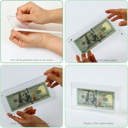 Dollar Bill Frame Display Acrylic Dollar Bill Holder 3.9X7.8Inch Thickened Frame for Dollar Bill Display Case Magnet Currency Display Frame Self Standing for Money Ticket Picture Photos Display Case