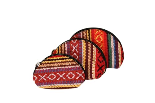 Set of 3 Handmade Boho Coin Purses – Cotton & Hemp Zip Pouches | Small Travel Wallets for Coins, Keys & Cards | Ethnic Pattern Mini Bags (3 Sizes) (Red) - color: Red