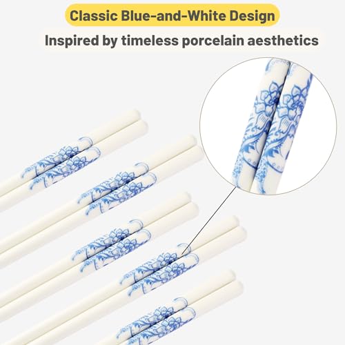 Porcelain Chopsticks Set of 5 Pairs, Reusable Bone Ceramic Chopsticks, Dishwasher Safe, Non-Slip Design, Elegant Gift Box for Family or Restaurant Use (peony) - color: peony