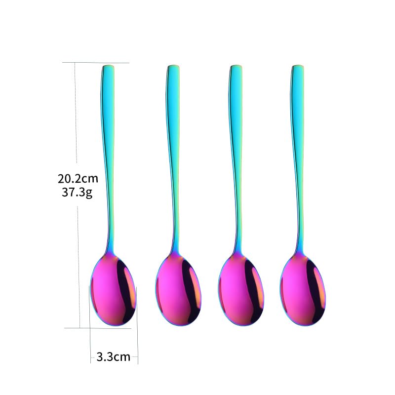 Metal Round Spoons, 8 inch Stainless Steel Reusable Long Handle Korean Soup Spoons, Table Dinner Desert Spoon Set of 8 - size: Rainbow Color