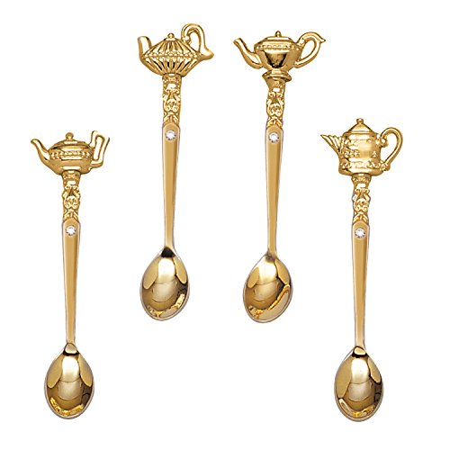 Elegance 87626 Gold Finish Teapot Tea Spoon with Crystal, 0.5" Height, 1" Width, 4.5" Length - color: Gold
