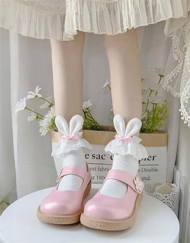 Cute Lolita Rabbit Bunny Ears Socks for Women & Teen Girls - Lace Bow Short Novelty Ankle Socks - color: Pink
