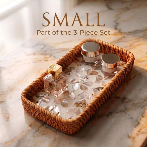 Handwoven Rattan Tray Set of 3 with Mother of Pearl Pink Petal Inlay - color: Pink Petal