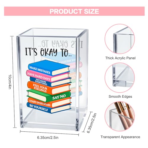 It's Okay To Make Mistakes Acrylic Cosmetic Pencil Pen Holder Cup, Motivational Desk Organizer Accessory for Office School, Inspirational Quote Gifts for Women Book Lover Coworker Sister Teacher - style: Okay To