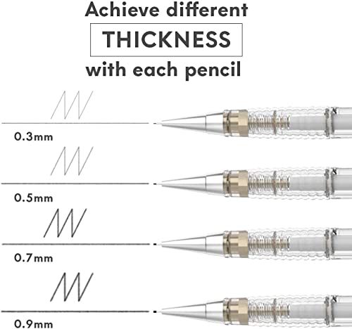MozArt Mechanical Pencil Set 4 Sizes 0.3 0.5 0.7 0.9mm HB Lead Clear - color: Clear