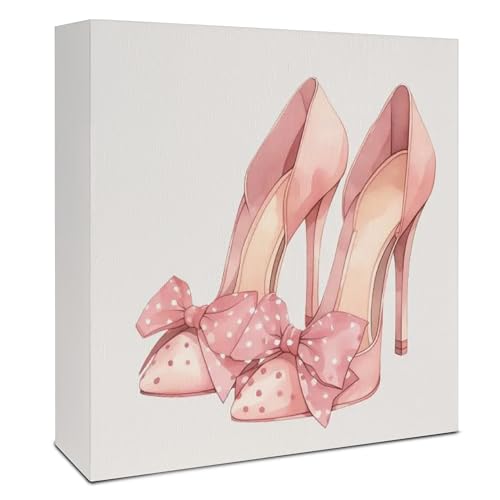 Coquette Pink Bow High Heels Wooden Box Sign, Coquette Preppy Girly Room Decor, Pink Girly Wood Signs for Girls Room Dorm Apartment Desk Table Shelf Decor, 5x5 Inch - color: E-High Heels