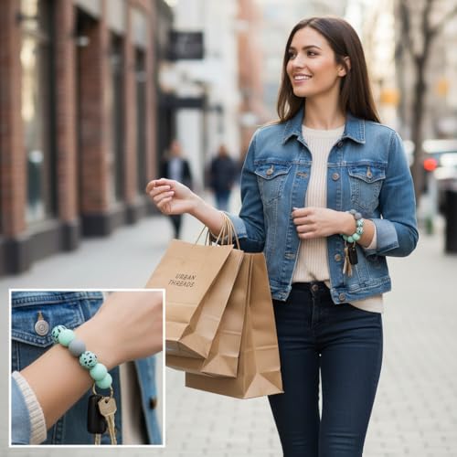 BIHRTC Key Ring Bracelet Car Keychain Holder Wristlet Silicone Women Beaded Bangle Chains - color: Mint Green