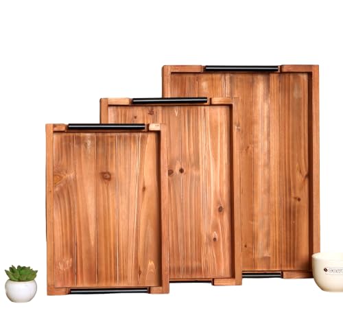 3Pcs Nested Vintage Wood Serving Tray Set, Coffee Table Ottoman Decor Trays - color: Brown, size: 3Pc