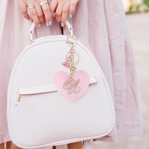 Initial Letter Heart Pom Pom Keychain for Women Pink Soft Fluffy Ball Key Ring for Purse Backpack Handbag - color: U