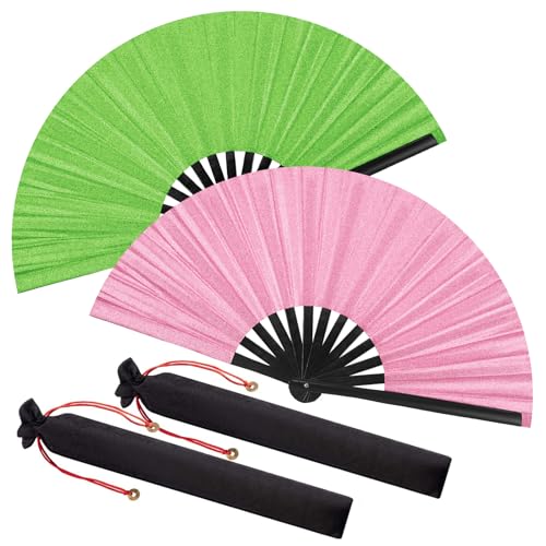 Maitys 2 Packs Large Folding Hand Fans, 13'', Glitter Green and Pink - color: Glitter Green and Pink