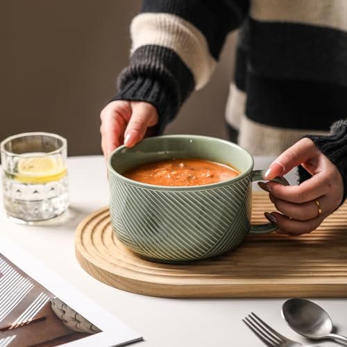 Ceramic Soup Bowl with Handle, 38 oz Microwave Safe, Pea Green - color: Pea Green