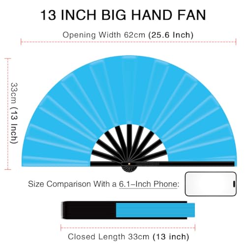 13" Large Folding Rave Fan with Holster, Clack Hand Fans Foldable for Line Dancing, Boots On The Ground Fan for Women Men Festival EDM Party Decoration, Light Blue 2 Pack - color: Light Blue