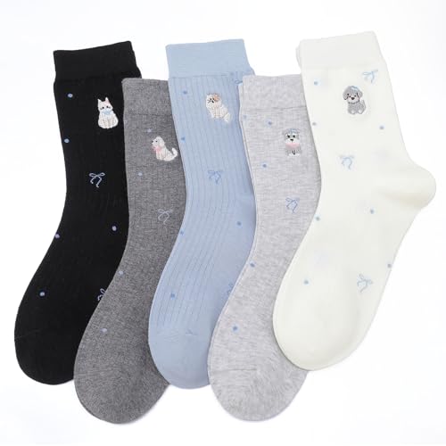 5 Pairs Women Embroidered Cotton Dachshund Socks Bow Cat