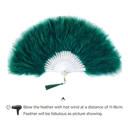 BABEYOND 1920s Marabou Feather Folding Hand Fan - color: Dark Green