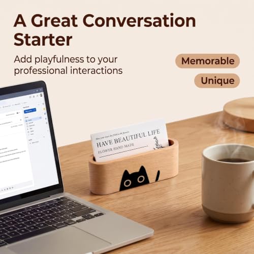 Wood Cat Business Card Holder for Desk,Wooden Name Card Holder - color: Beech Wood with Cat Pattern