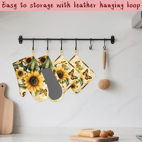 Vintage Sunflower Silicone Oven Mitts and Pot Holders,Butterfly Heat-Resistant 4 Piece Kitchen Set Non-Slip Oven Gloves and Hot Pads for Cooking, Baking, Grilling,BBQ - color: Vintage Sunflower Butterfly
