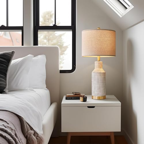 USumkky 25" Modern Ceramic Lamps Single Table Lamp for Living Room Bedroom Farmhouse Nightstand Bedside Lamps - color: Washed White-Single